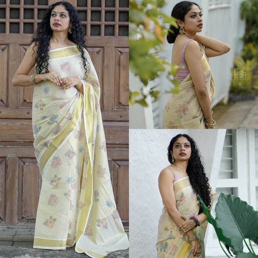 Kerala Special 2.0 Floral Digital Print Golden tissue set mundu 2.80 with Stitched Blouse or Blouse Material, Kerala Design / Vishu/ Onam.