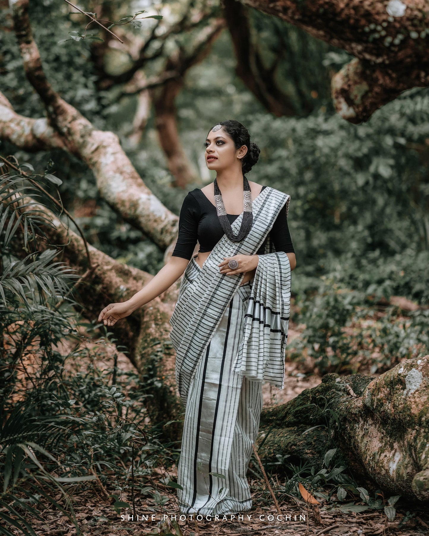 Kerala Special Silver and Black Tissue Lines Set Mundu  2.80 with Stitched Blouse or Blouse Material, Kerala Design / Vishu / Onam,