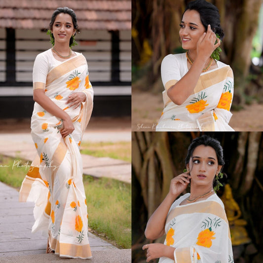 Kerala  Chendumali/marigold  Cotton saree 6.25 mtr, Kerala Saree, Vishu saree ,Onam Saree ,pooja occassions, party wear,Handmade designs