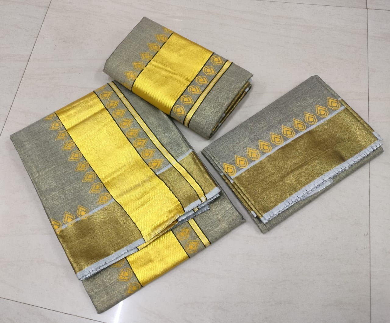 Kerala Special Golden Temple Print Color Tissue Set Mundu  With Blouse 1 Mtrs ,Stitched Blouse or Blouse Material, Vishu,Onam,Birthday wear