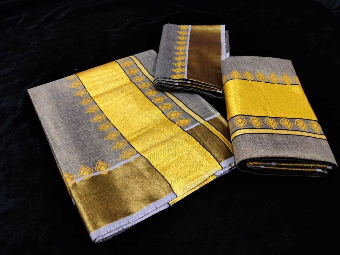 Kerala Special Golden Temple Print Color Tissue Set Mundu  With Blouse 1 Mtrs ,Stitched Blouse or Blouse Material, Vishu,Onam,Birthday wear