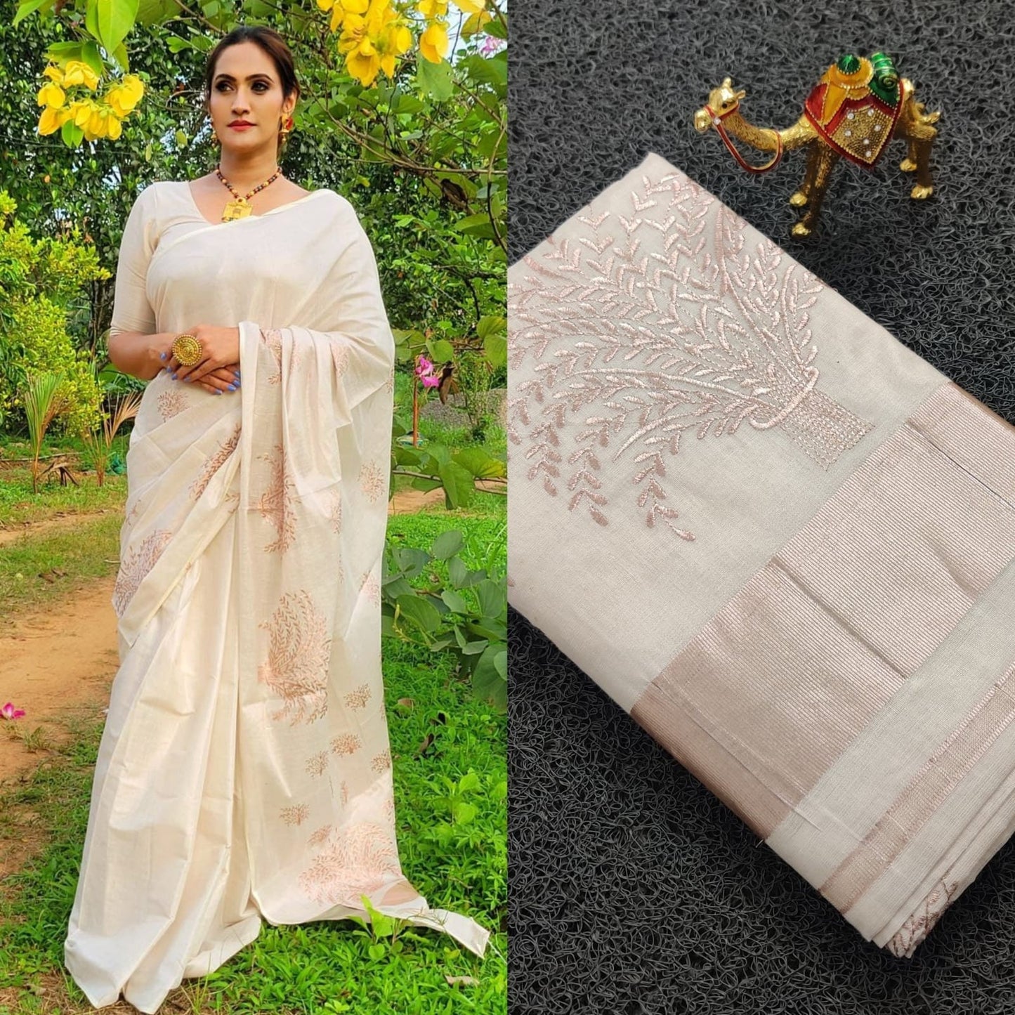 Kerala Rose Gold Nelkathir Tissue Handloom Finish Saree 6.25 mtr, Kerala Saree, Vishu Saree, Onam Saree ,Handmade Designs ,Pooja , Festival