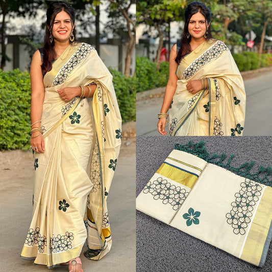 Kerala Flower Print Handloom Shade Tissue Saree 6.25 mtr, Kerala Saree, Vishu Saree, Onam Saree ,Handmade Designs ,Pooja Wear, Festival