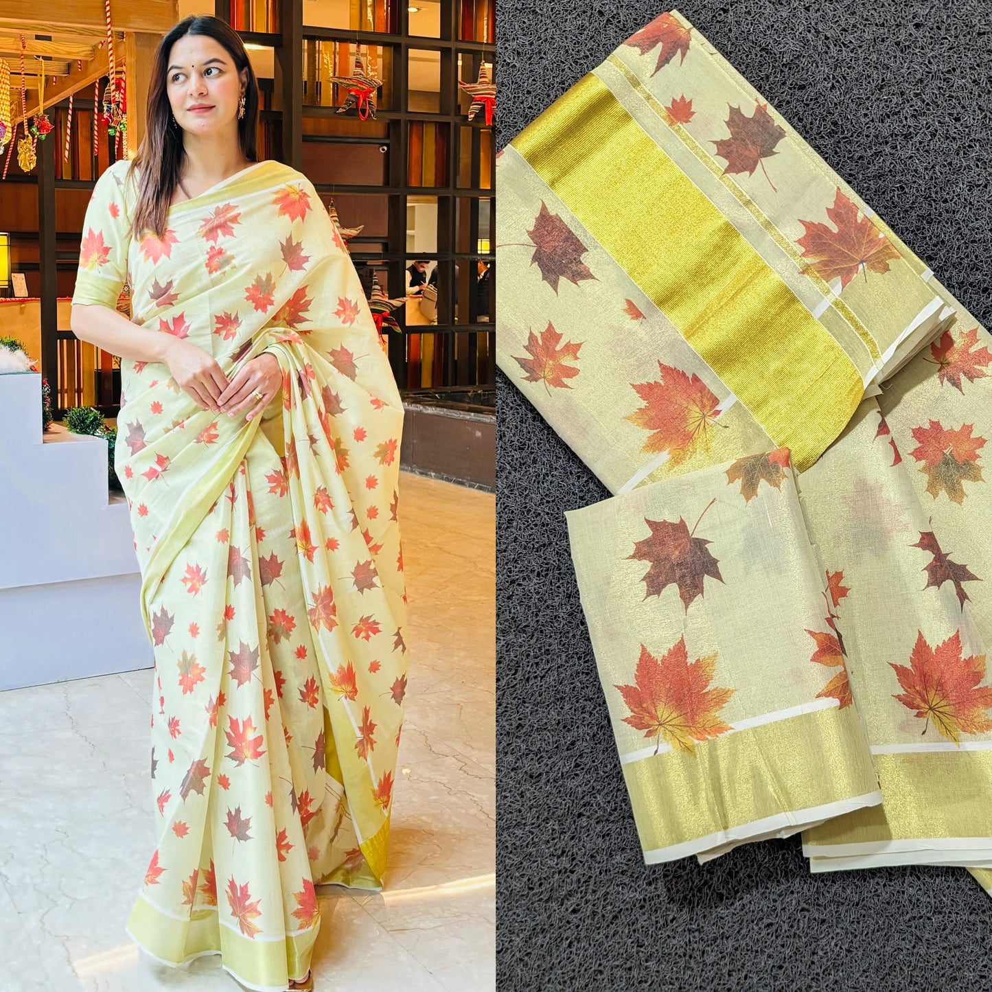 Kerala Golden Tissue Maple Leaf Digital Printed Saree 6.25 mtr,Kerala Saree,Vishu Saree ,Onam Saree ,Party wear ,Birth day, Pooja,Festivals.