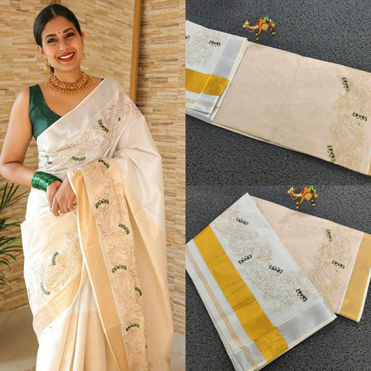 Kerala Lotus Half And Half Golden And Silver Tissue Saree 6.25 mtr,Kerala Saree,Vishu Saree,Onam Saree ,Handmade Designs,Pooja,Festival