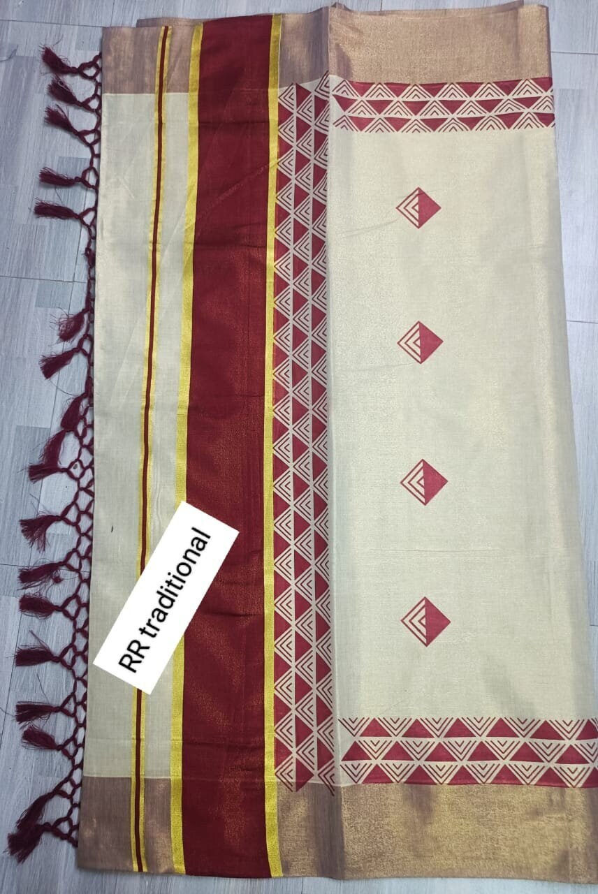 Kerala Special 5 Inch Color Plain Marble Printed Kunjalam Saree With Stitched Blouse or Blouse Material,Beautiful Kerala Designs,Onam,Vishu.