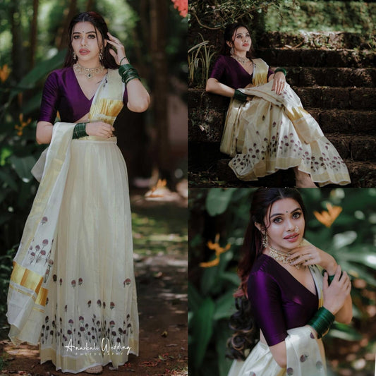 Kerala Vadamali Golden Tissue Davani With Grape Blouse,Skirt Stitched And Blouse Material,Onam,Vishu,Dhavani,Lehanka,Wedding,Pooja,Festival.