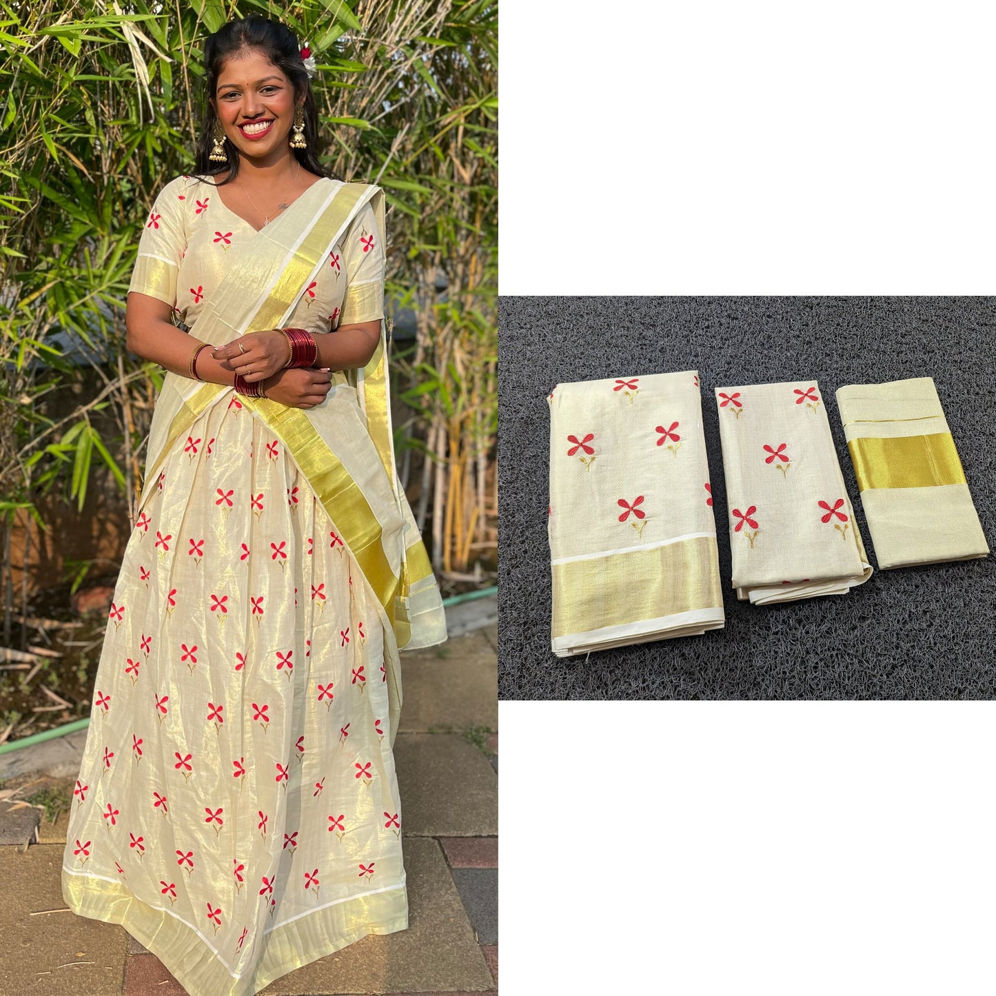 Kerala Golden Tissue Flower Davani,Skirt Stitched And Blouse Material,Onam,Vishu,Dhavani,Lehanka,Wedding,Pooja,Festival, Traditional.