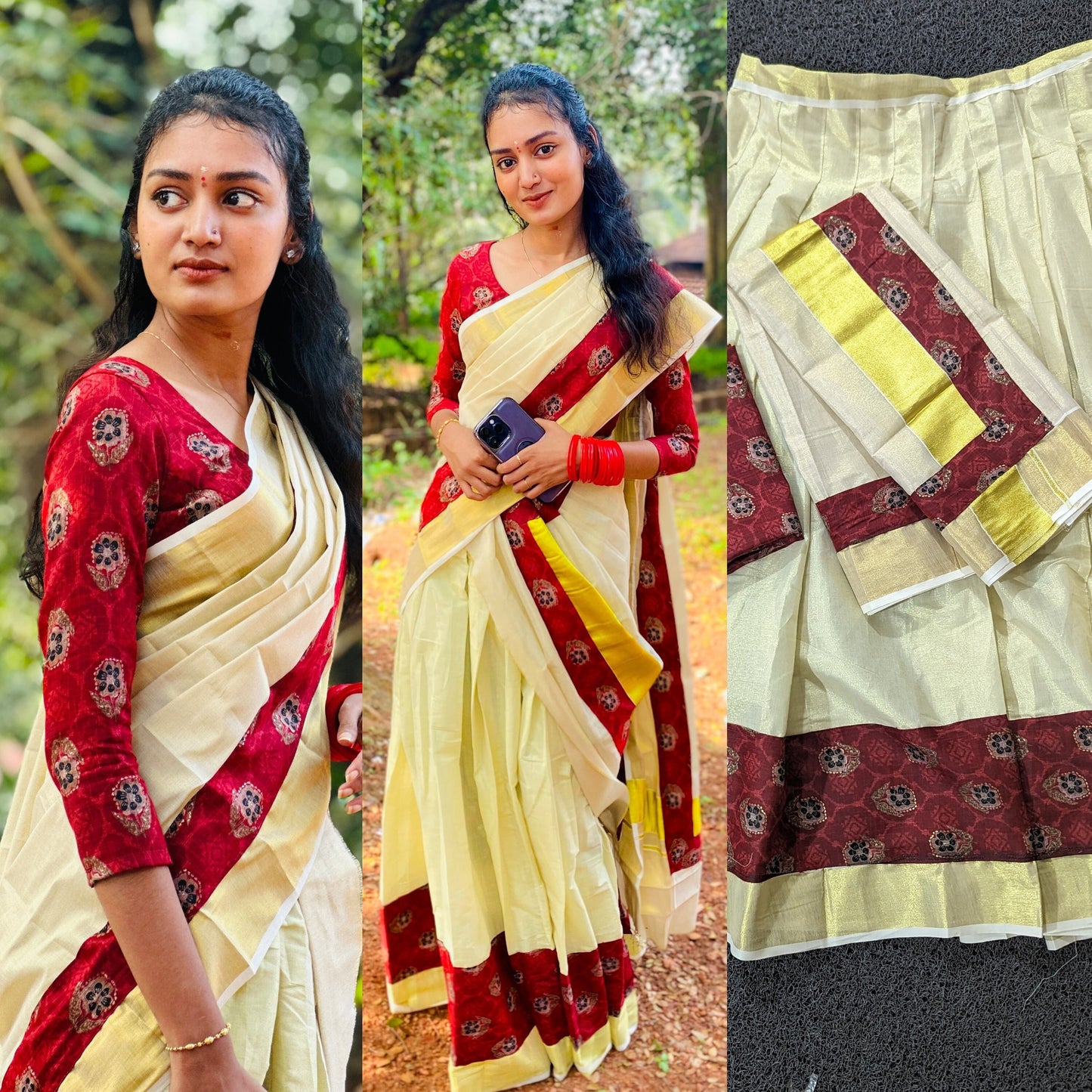 Kerala Ajrakh Golden Tissue Davani Skirt Stiched And Blouse Material,Onam,Vishu,Dhavani,Lehanka,Wedding,Pooja,Festival,Birthday Gift.