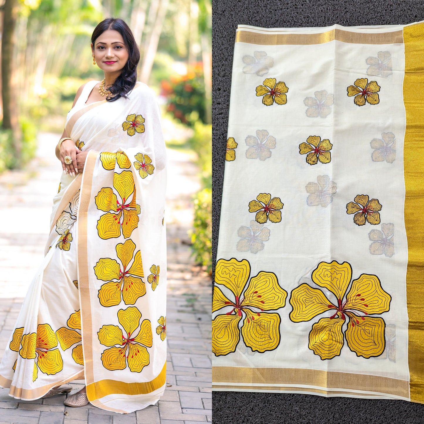 Kerala Big Flower Embroidered Cotton Saree 6.25mtr,Kerala Saree,Vishu Saree,Onam Saree,Handmade Designs,Pooja,Festivals,Traditional Wear.