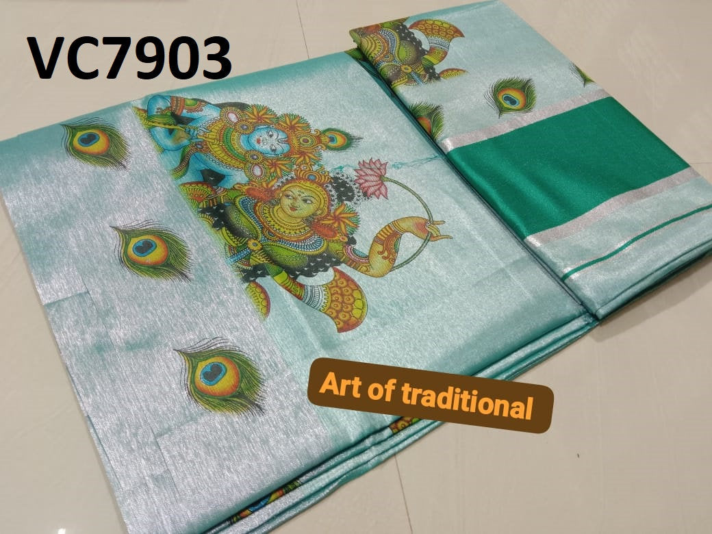 Kerala Tissue Color Saree 6.25 Mtr,Mural Printed,Kerala Saree,Vishu Saree,Onam Saree,Handmade Designs,Pooja,Festival,Temple,Traditional Wear