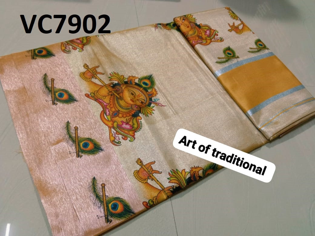 Kerala Tissue Color Saree 6.25 Mtr,Mural Printed,Kerala Saree,Vishu Saree,Onam Saree,Handmade Designs,Pooja,Festival,Temple,Traditional Wear