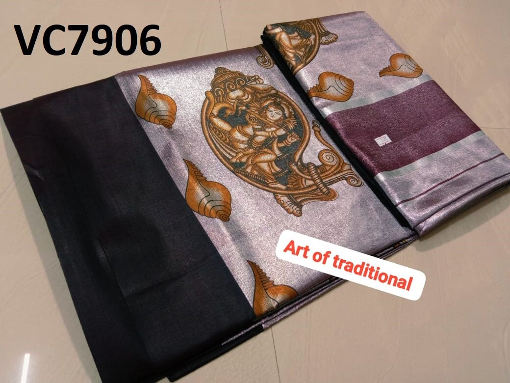 Kerala Tissue Color Saree 6.25 Mtr,Mural Printed,Kerala Saree,Vishu Saree,Onam Saree,Handmade Designs,Pooja,Festival,Temple,Traditional Wear