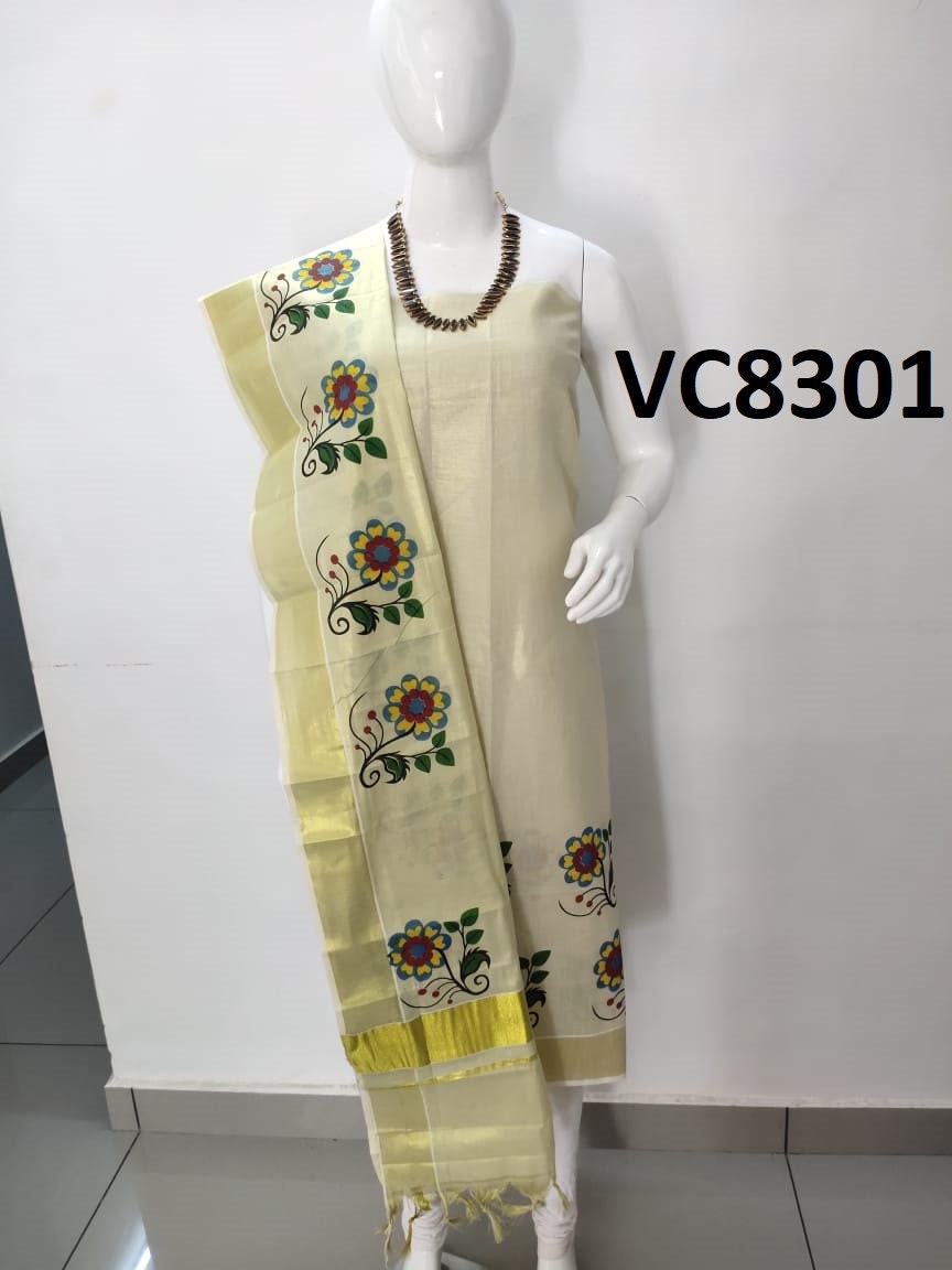 Kerala Tissue Churidhar Material,Pant Cotton,Handwork Design,Kerala Kasavu Churidhar,Onam,Vishu,Pooja,Festivals,Marriage,Special Occassions.