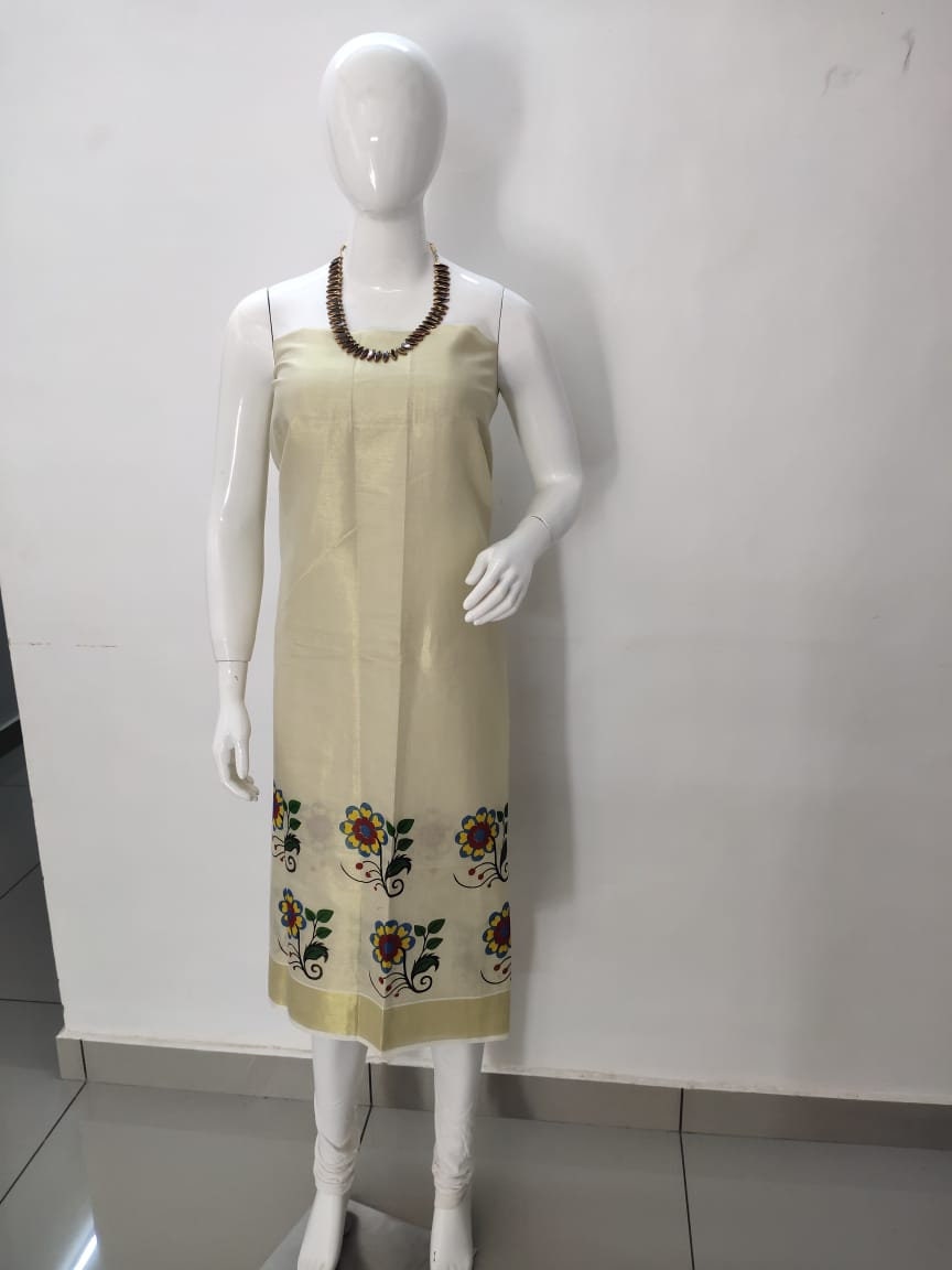 Kerala Tissue Churidhar Material,Pant Cotton,Handwork Design,Kerala Kasavu Churidhar,Onam,Vishu,Pooja,Festivals,Marriage,Special Occassions.