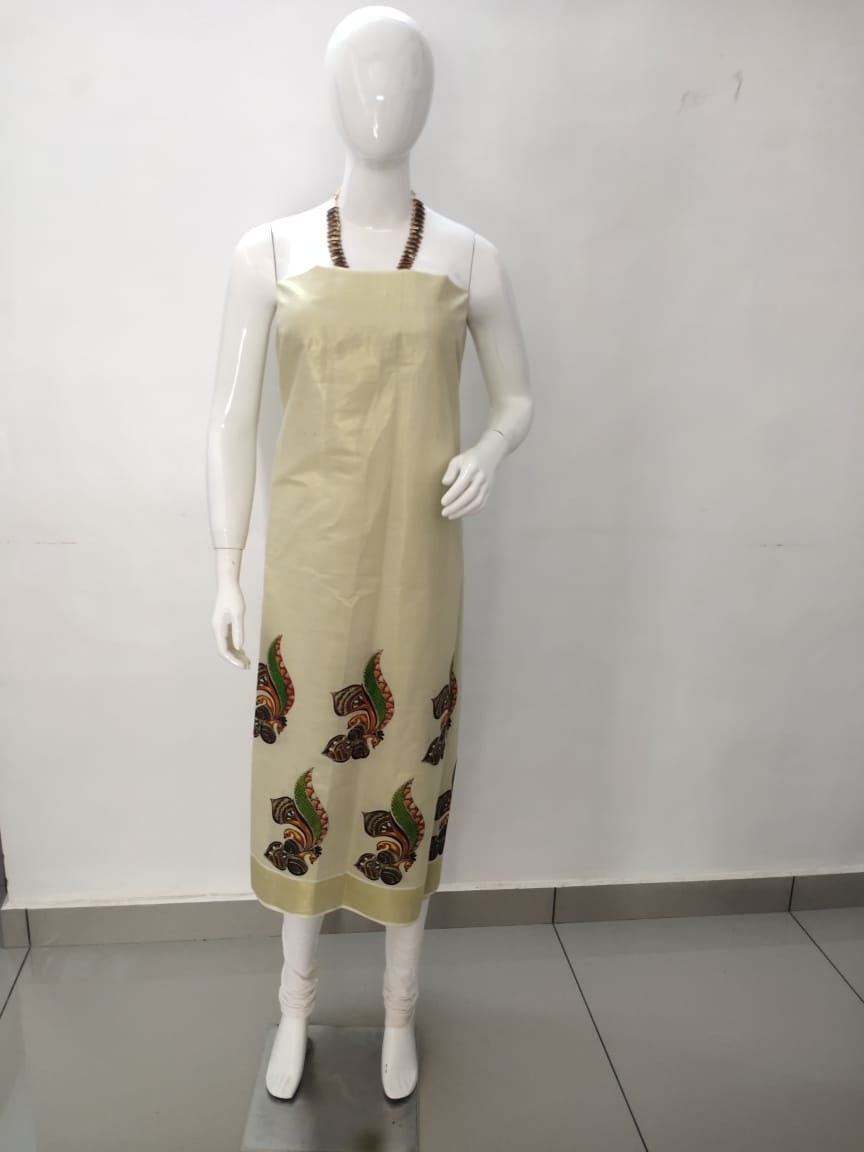 Kerala Tissue Churidhar Material,Pant Cotton,Handwork Design,Kerala Kasavu Churidhar,Onam,Vishu,Pooja,Festivals,Marriage,Special Occassions.