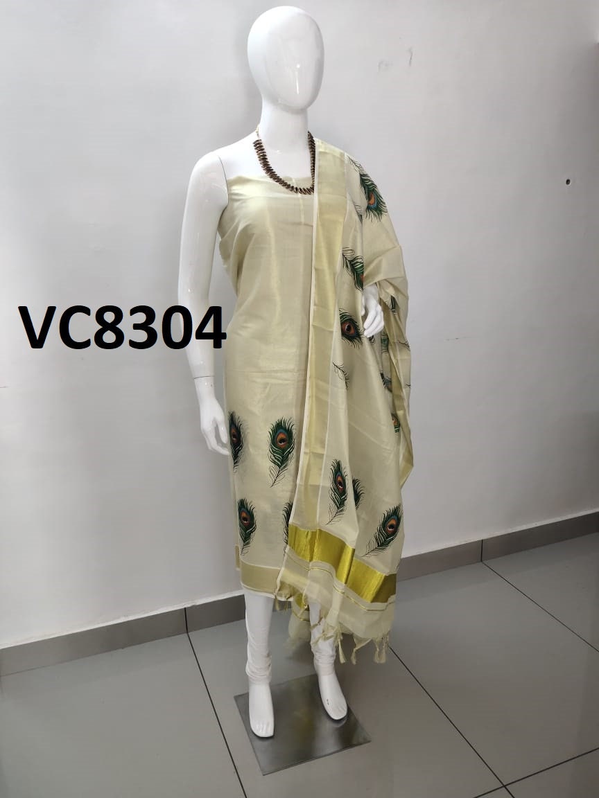 Kerala Tissue Churidhar Material,Pant Cotton,Handwork Design,Kerala Kasavu Churidhar,Onam,Vishu,Pooja,Festivals,Marriage,Special Occassions.