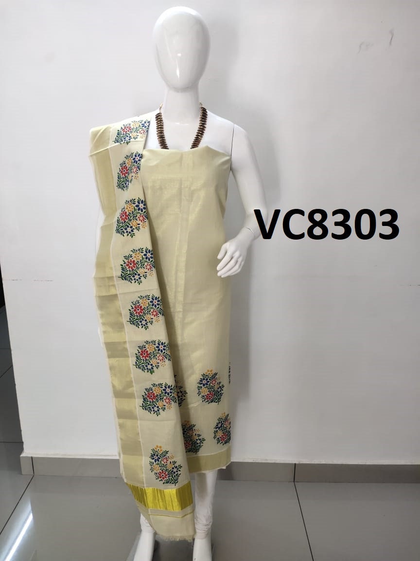 Kerala Tissue Churidhar Material,Pant Cotton,Handwork Design,Kerala Kasavu Churidhar,Onam,Vishu,Pooja,Festivals,Marriage,Special Occassions.