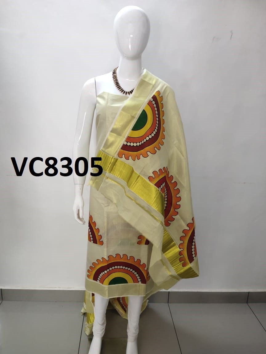 Kerala Tissue Churidhar Material,Pant Cotton,Handwork Design,Kerala Kasavu Churidhar,Onam,Vishu,Pooja,Festivals,Marriage,Special Occassions.