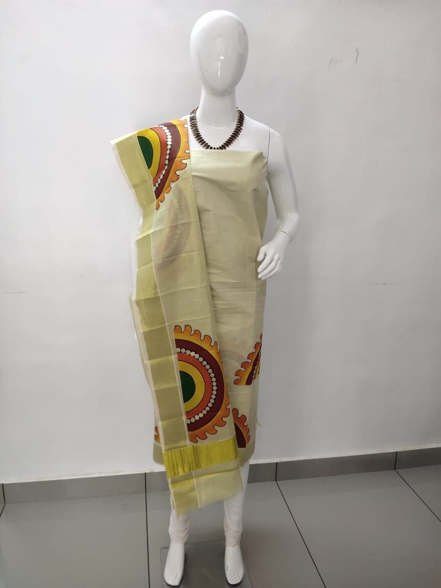 Kerala Tissue Churidhar Material,Pant Cotton,Handwork Design,Kerala Kasavu Churidhar,Onam,Vishu,Pooja,Festivals,Marriage,Special Occassions.