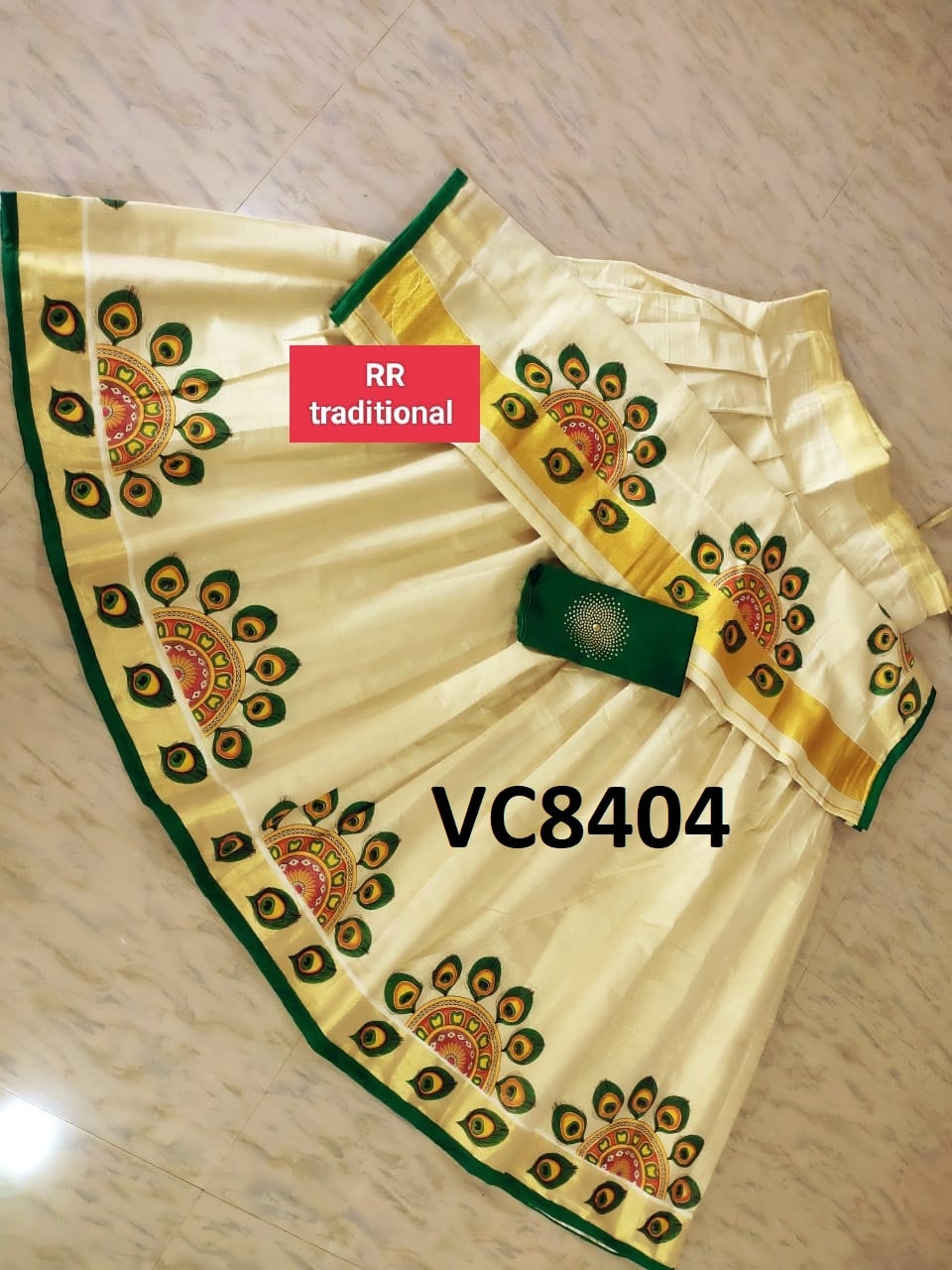 Kerala Tissue Color Border Big Mural Printed Davaniset,Skirt Stitched And Blouse Material,Onam,Vishu,Dhavani,Lehanka,Wedding,Pooja,Festival.