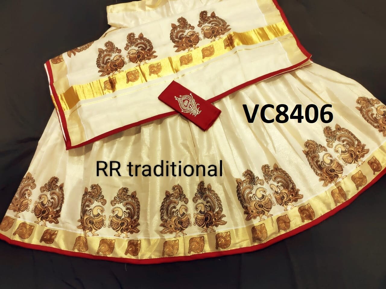 Kerala Tissue Color Border Big Mural Printed Davaniset,Skirt Stitched And Blouse Material,Onam,Vishu,Dhavani,Lehanka,Wedding,Pooja,Festival.