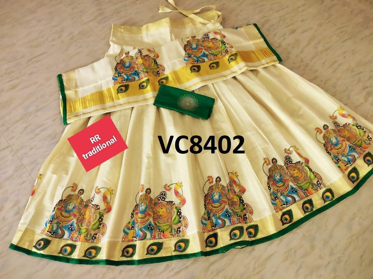 Kerala Tissue Color Border Big Mural Printed Davaniset,Skirt Stitched And Blouse Material,Onam,Vishu,Dhavani,Lehanka,Wedding,Pooja,Festival.