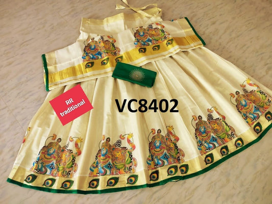 Kerala Tissue Color Border Big Mural Printed Davaniset,Skirt Stitched And Blouse Material,Onam,Vishu,Dhavani,Lehanka,Wedding,Pooja,Festival.