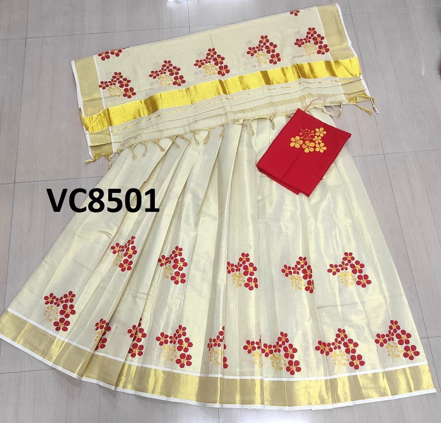 Kerala Tissue Gold & Color Print Davaniset,Skirt Stitched And Blouse Material,Onam,Vishu,Dhavani,Lehanka,Wedding,Pooja,Festival,Traditional.