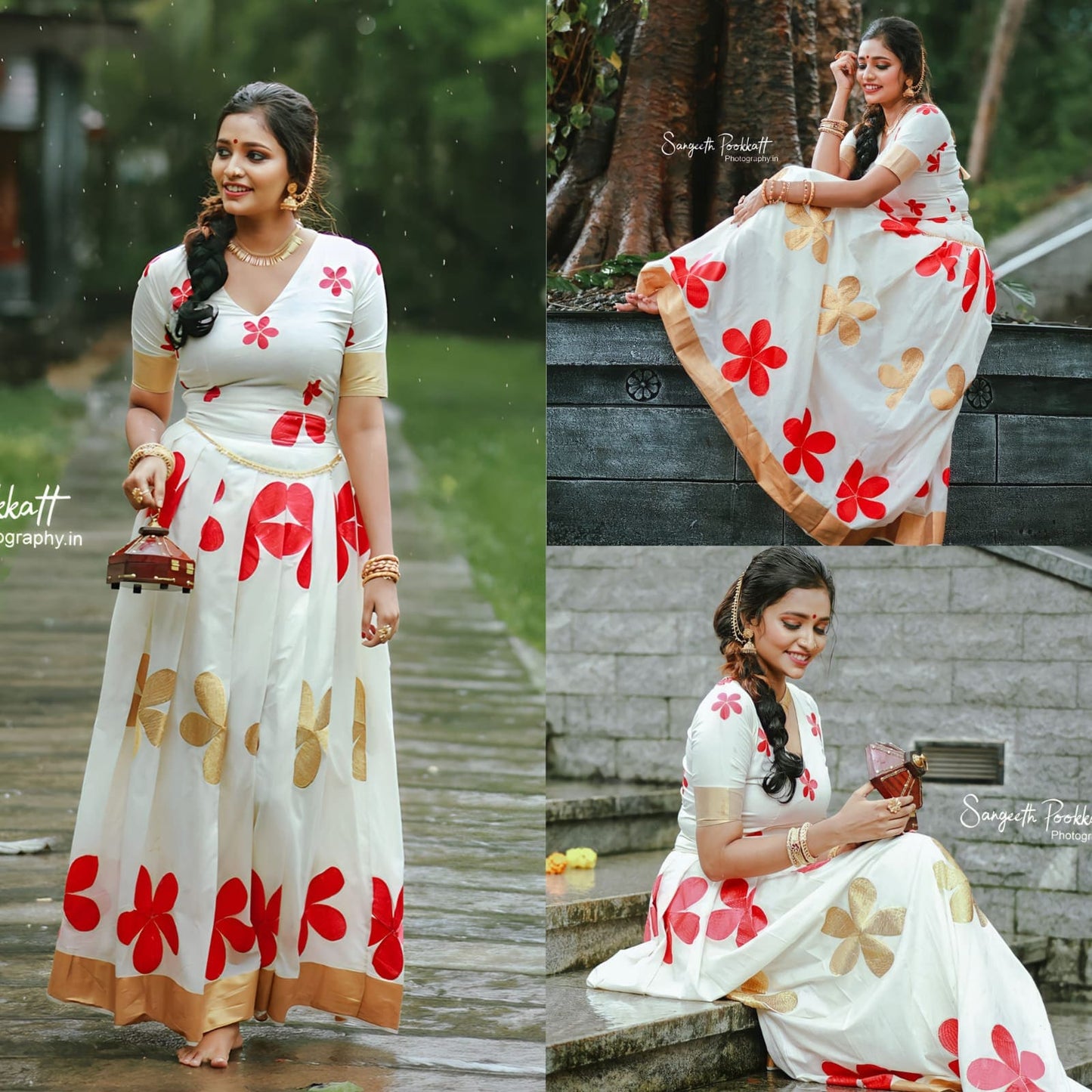 Big red and golden flowers Cotton  pattu pavada Stitched or Blouse material ,Traditional Girls clothing,Handmade ,Onam, Christmas,Pooja wear