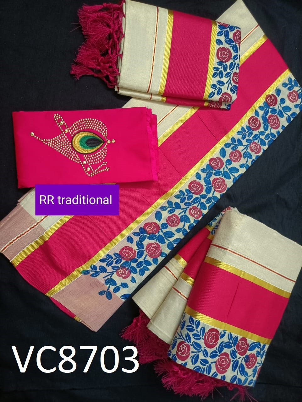 Kerala Special Tissue Running Flower Printed Kunjalam Set Mundu 2.80 Mtr,Kerala Beautiful Designs,Vishu ,Onam,Festival,Traditional,Pooja.