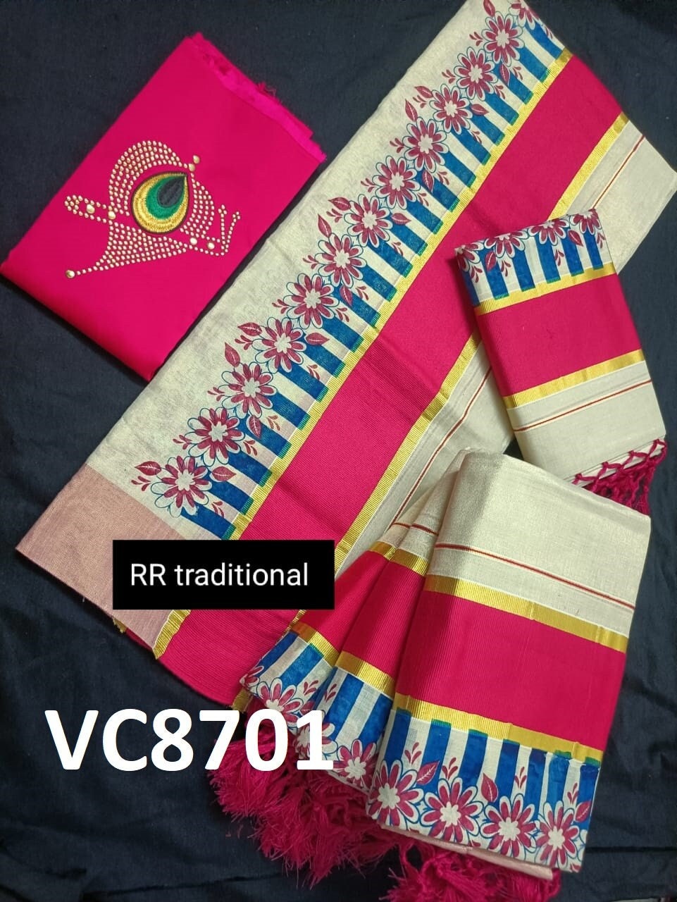 Kerala Special Tissue Running Flower Printed Kunjalam Set Mundu 2.80 Mtr,Kerala Beautiful Designs,Vishu ,Onam,Festival,Traditional,Pooja.