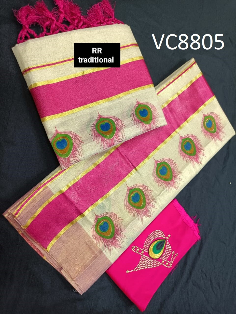 Kerala Special Tissue Mural Peeli Printed Kunjalam Set Mundu 2.80 Mtr,Kerala Beautiful Designs,Vishu ,Onam,Festival,Traditional,Pooja Wear.