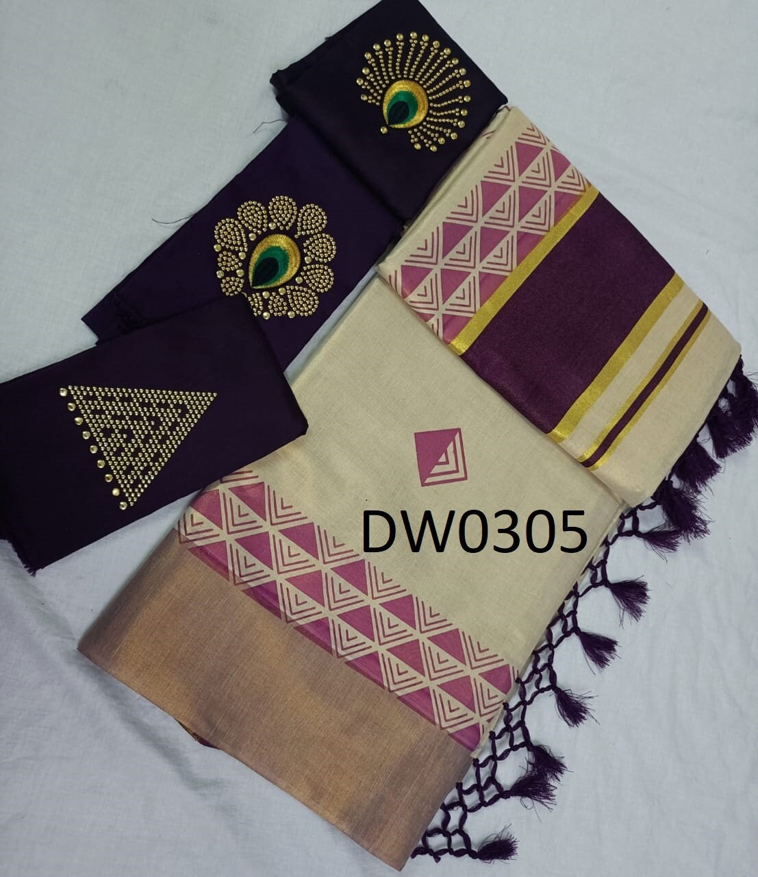 Kerala Special 5 Inch Color Plain Marble Printed Kunjalam Saree With Stitched Blouse or Blouse Material,Beautiful Kerala Designs,Onam,Vishu.