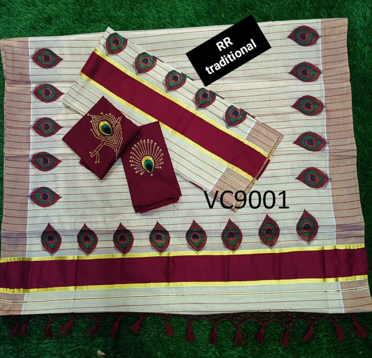 Kerala Special Tissue Color Full Line Peeli Printed Kunjalam Set mundu  with Stitched Blouse/Non Stitched Material,Onam,Vishu,Pooja Wear