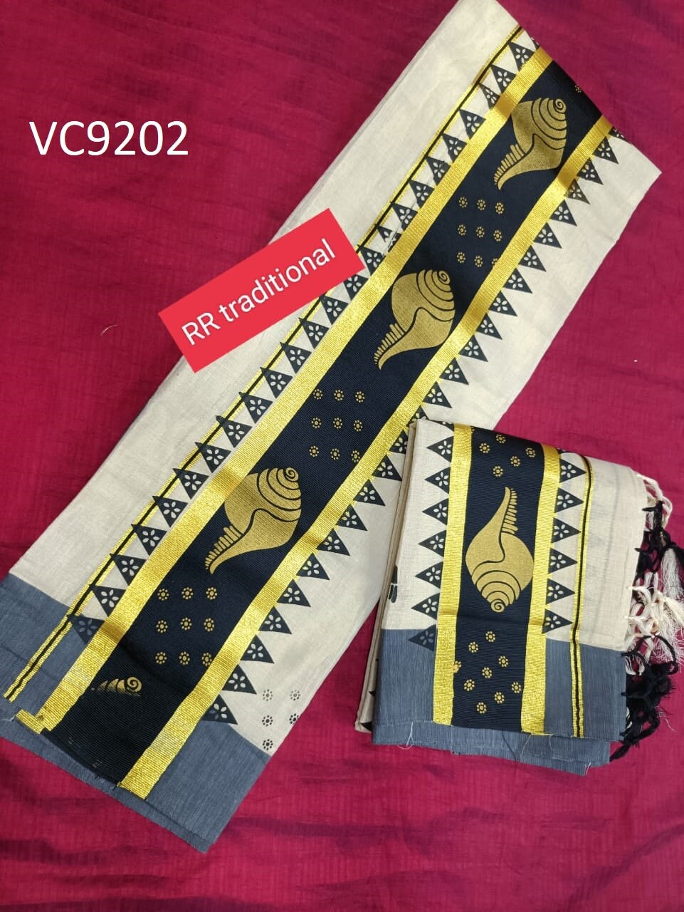 Kerala Special Tissue 4 Inch Color Jari Golden Printed Kunjalam Set Mundu 2.80 Mtr,Kerala Beautiful Designs,Vishu ,Onam,Festival,Pooja Wear.