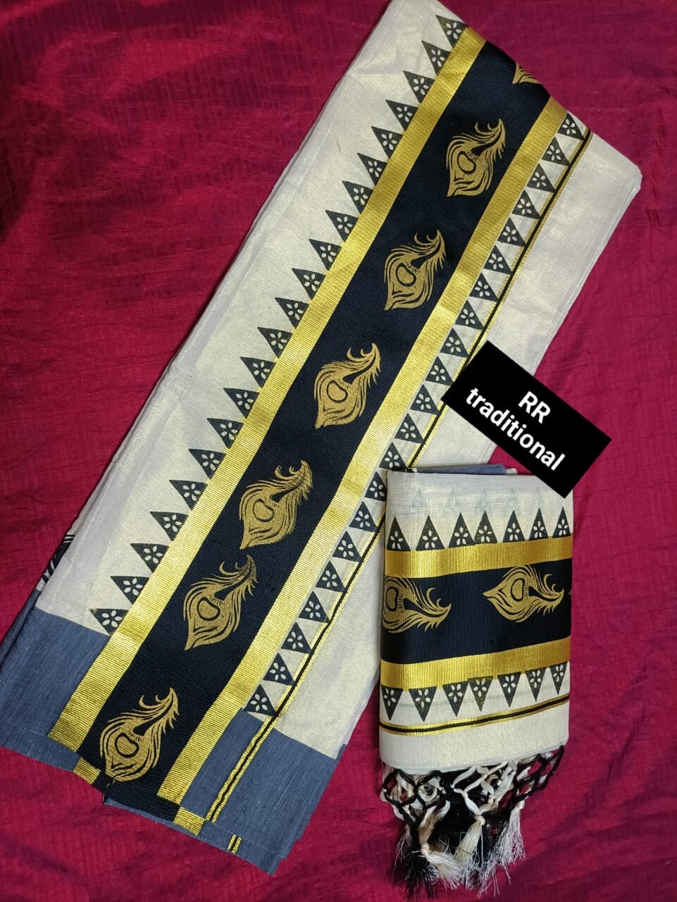 Kerala Special Tissue 4 Inch Color Jari Golden Printed Kunjalam Set Mundu 2.80 Mtr,Kerala Beautiful Designs,Vishu ,Onam,Festival,Pooja Wear.