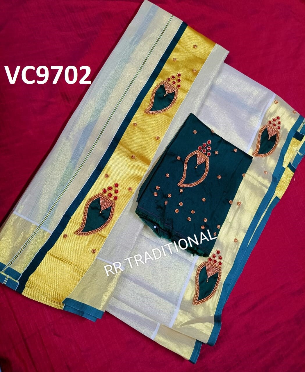 Kerala Special Tissue Mango Handwork Set Mundu 2.80 With Stitched Blouse or Blouse Material,Beautiful Kerala Designs,Onam,Vishu,Pooja Wear.