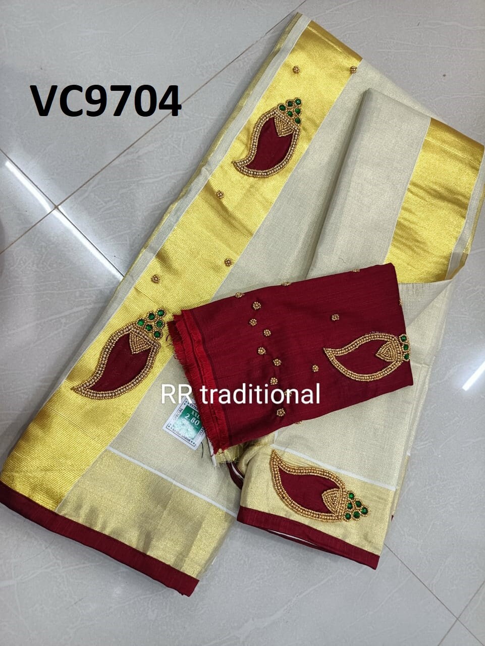 Kerala Special Tissue Mango Handwork Set Mundu 2.80 With Stitched Blouse or Blouse Material,Beautiful Kerala Designs,Onam,Vishu,Pooja Wear.