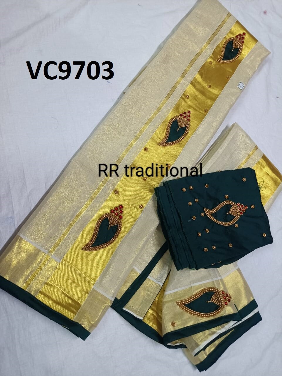 Kerala Special Tissue Mango Handwork Set Mundu 2.80 With Stitched Blouse or Blouse Material,Beautiful Kerala Designs,Onam,Vishu,Pooja Wear.