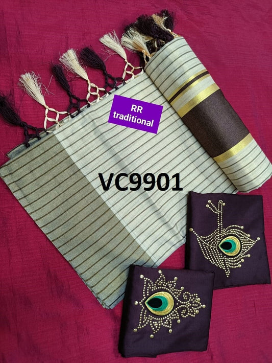 Kerala Tissue Full Color Line Saree 6.25Mtr With Stitched Blouse or Blouse Material,Kerala Saree,Vishu ,Onam,Handmade Designs,Pooja Wear.