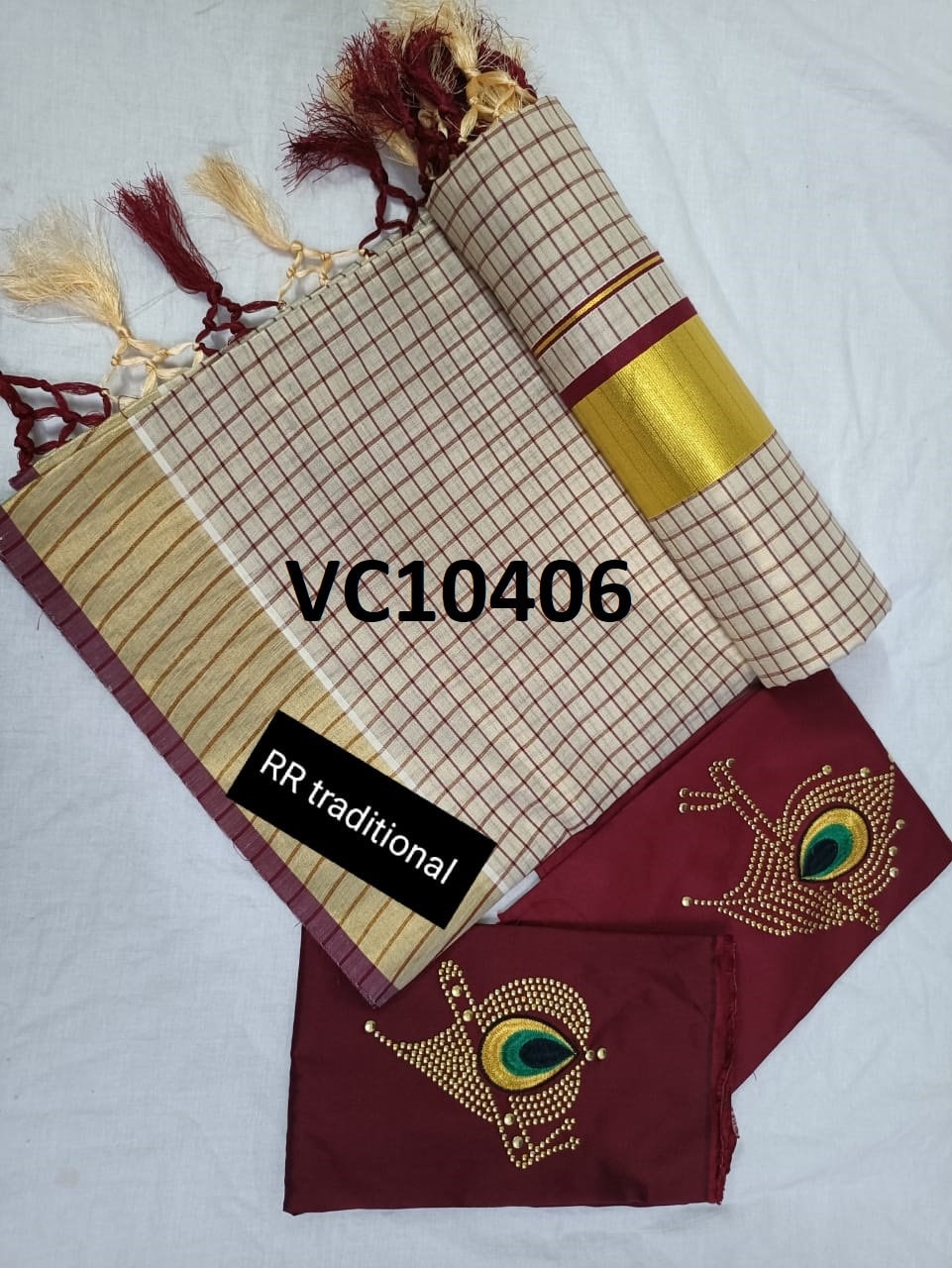 Kerala Tissue Full Checked Kunjalam Saree 6.25Mtr With Stitched Blouse or Blouse Material,Kerala Saree,Vishu ,Onam,Handmade Designs,Pooja.