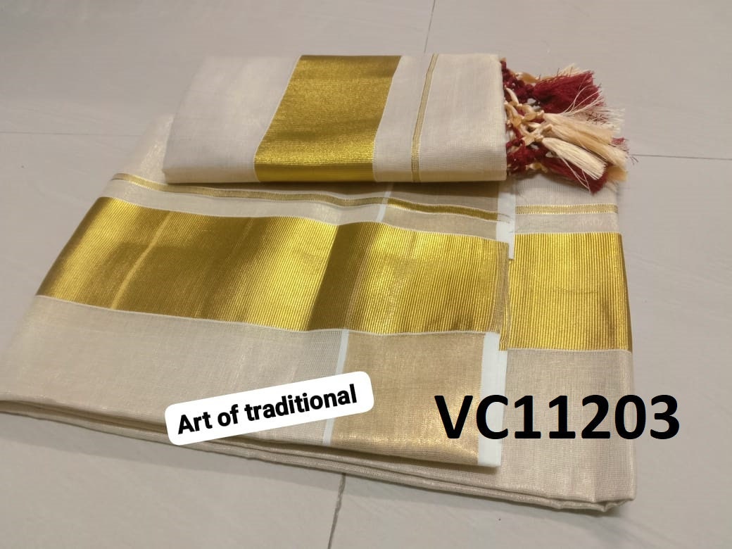 Kerala Special Golden Tissue Set Mundu 2.80 mtr With Tassels,Beautiful Kerala Designs,Onam,Vishu,Pooja ,Traditional,Special Occassions.