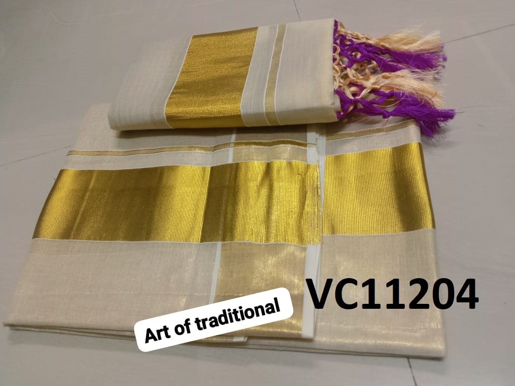 Kerala Special Golden Tissue Set Mundu 2.80 mtr With Tassels,Beautiful Kerala Designs,Onam,Vishu,Pooja ,Traditional,Special Occassions.