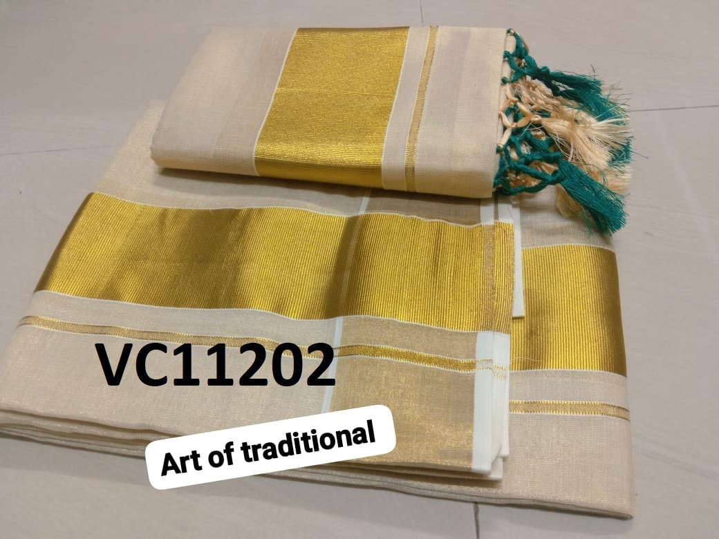 Kerala Special Golden Tissue Set Mundu 2.80 mtr With Tassels,Beautiful Kerala Designs,Onam,Vishu,Pooja ,Traditional,Special Occassions.