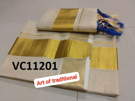 Kerala Special Golden Tissue Set Mundu 2.80 mtr With Tassels,Beautiful Kerala Designs,Onam,Vishu,Pooja ,Traditional,Special Occassions.