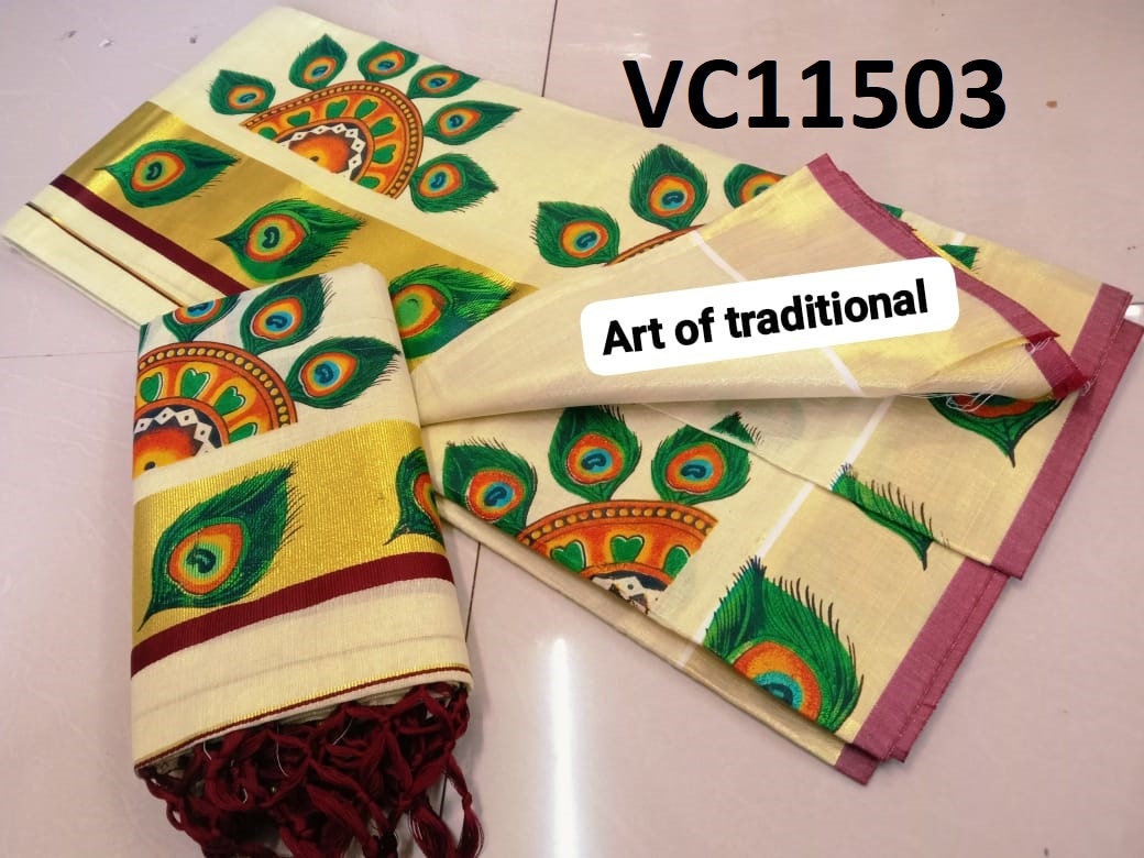 Kerala Special Golden Tissue Set Mundu 2.60 Mtr Mural Printed,Beautiful Kerala Designs,Onam,Vishu,Pooja ,Traditional,Special Occassions.