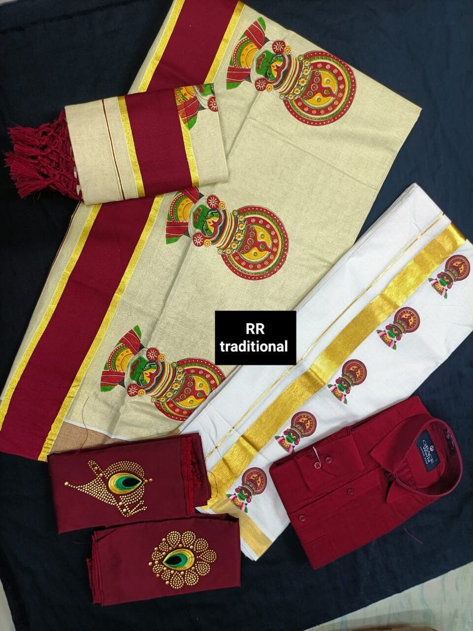 Golden Tissue Mural Kathakali Printed Set Mundu With Blouse Material or Ready to Wear Blouse and Shirt,Dhoti Mural Printed Combo,Vishu,Onam.