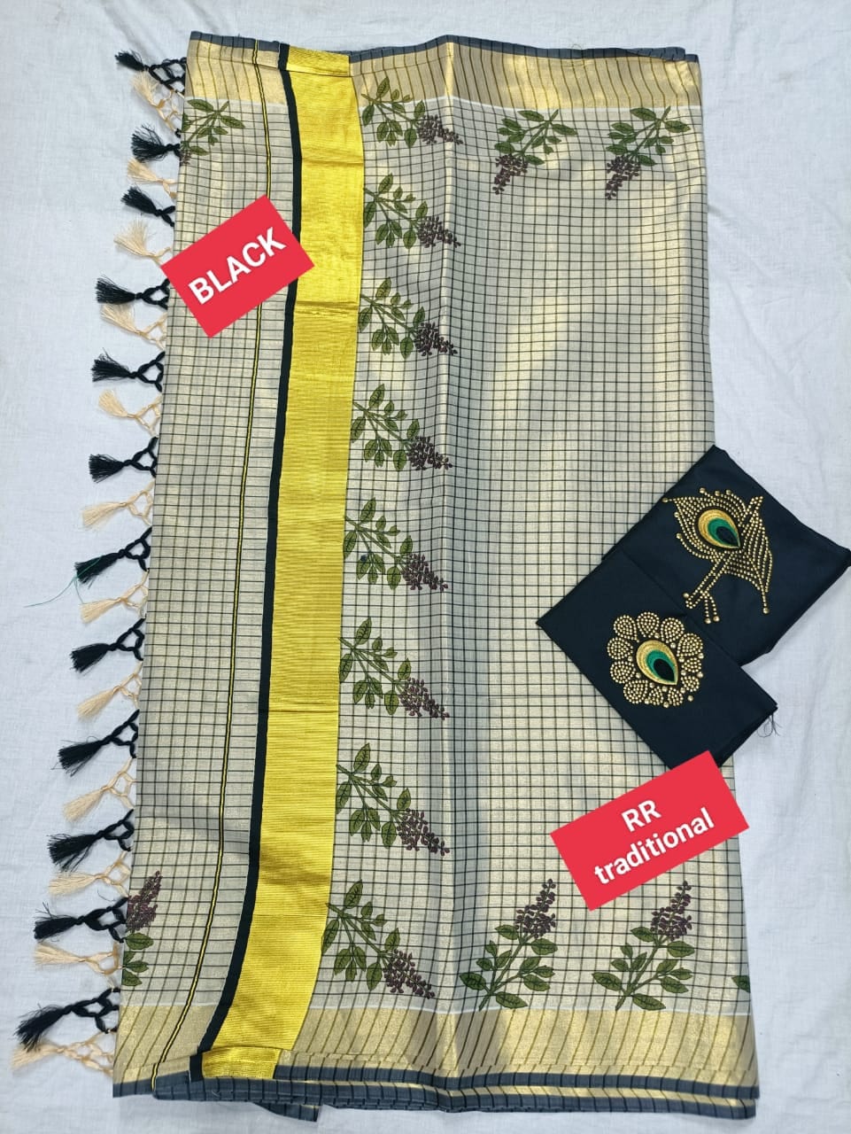 Kerala Tissue Small Checked Thulsi Printed Kunjalam Saree 6.25Mtr With Stitched Blouse or Blouse Material,Kerala,Vishu,Onam,Traditional.