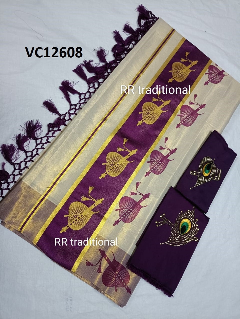 Kerala Special 5 Inch Border Golden Printed Kunjalam Saree 6.25 Mtr With Stitched Blouse,Non Stitched Material,Onam,Vishu,Pooja,Festival.